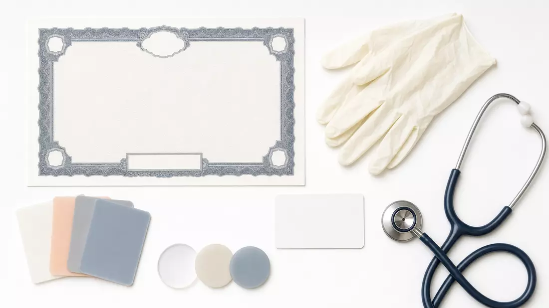 Flatlay mit Aktienzertifikat, ISIN-Karte, Handschuhen und medizinischen Materialproben