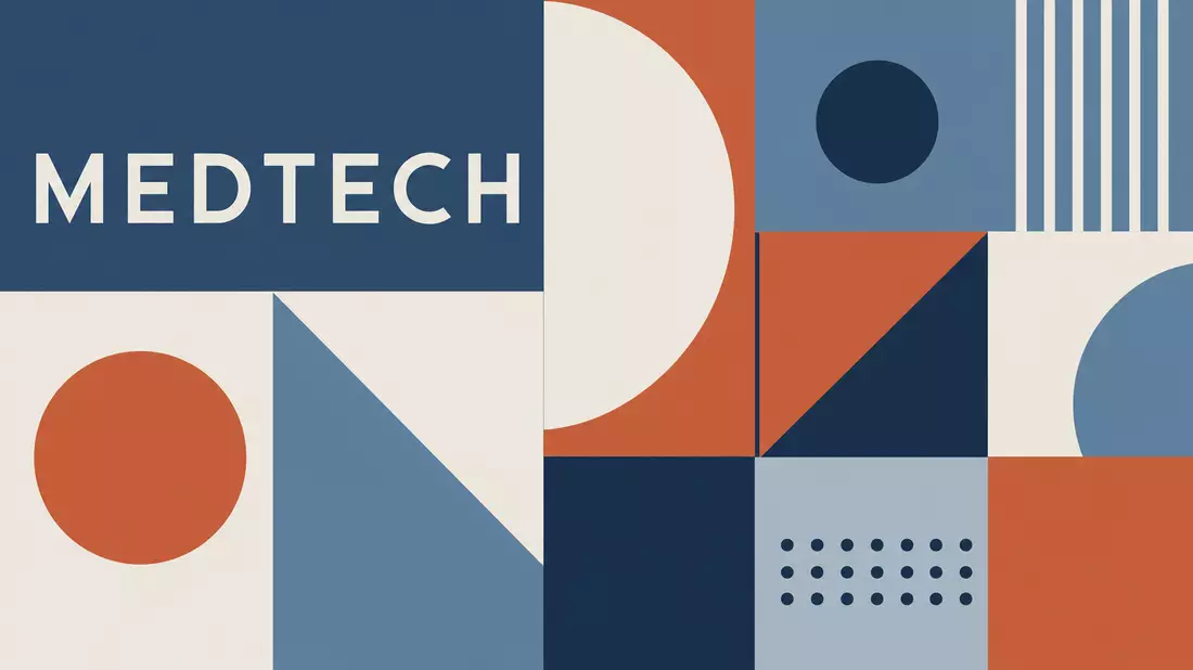 Geometrisches Bauhaus-Poster in Blau, Weiß und Terrakotta mit dem Wort Medtech