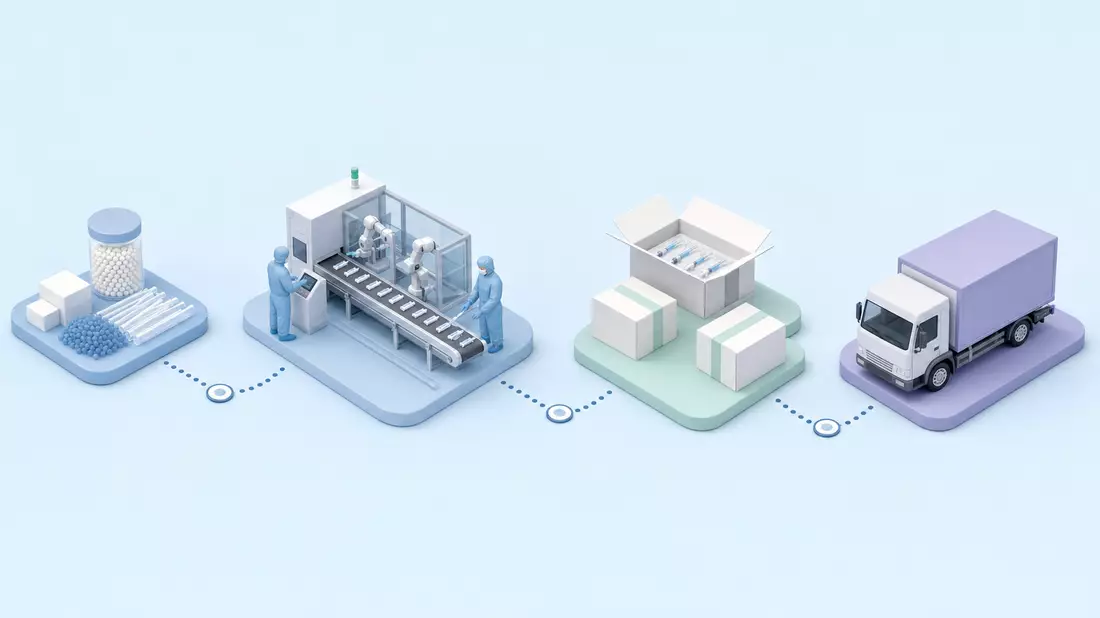 Isometrische 3D-Grafik einer Wertschöpfungskette von Rohmaterial bis Distribution