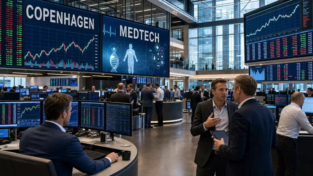 Börsen-Editorialfoto eines Trading-Floors mit Gesundheitssektor-Charts und Bildschirmen