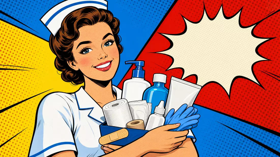Pop-Art-Comic-Illustration einer lächelnden Pflegekraft mit medizinischen Pflegeprodukten