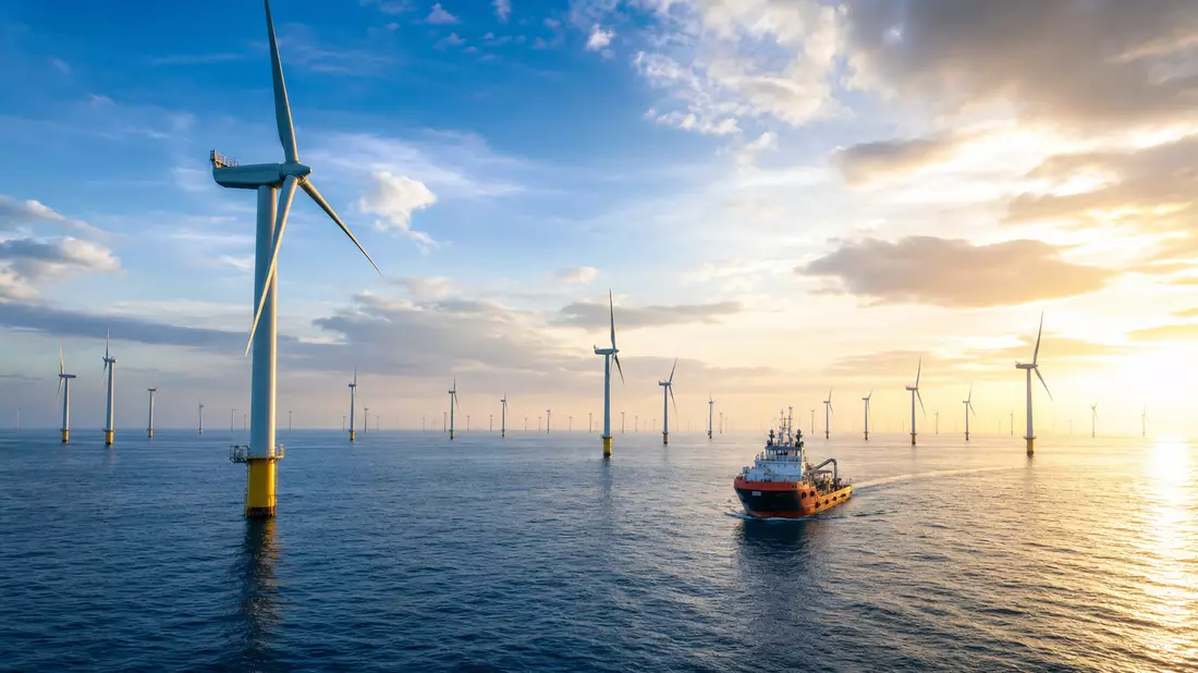 Offshore-Windpark im Meer bei Sonnenuntergang mit Serviceschiff und Turbinen