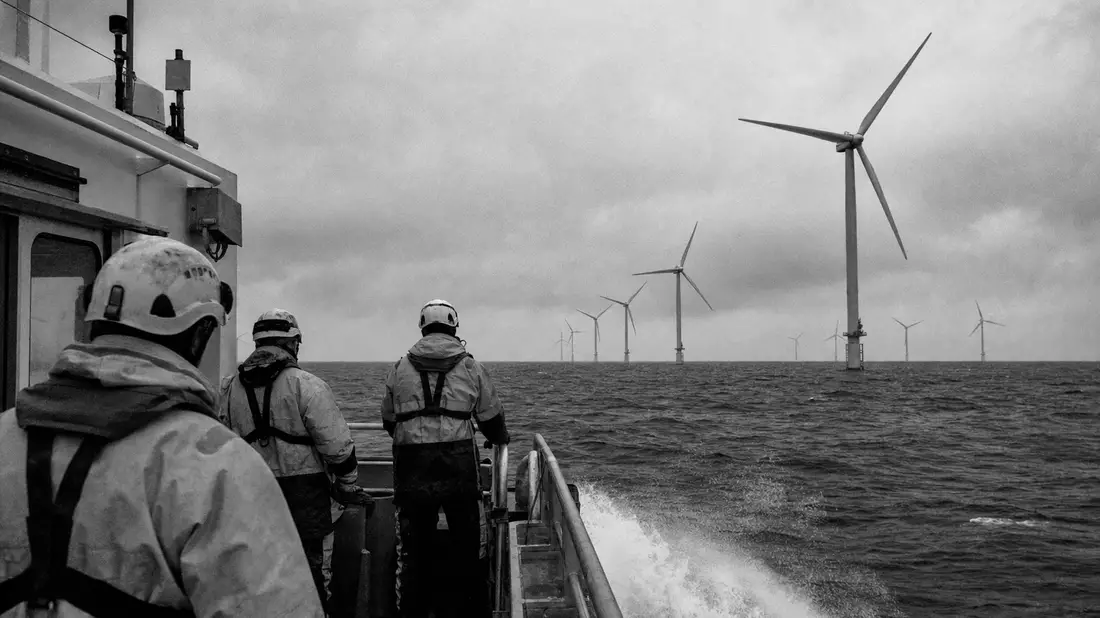 Schwarzweißfoto von Technikern auf Serviceboot vor Offshore-Windturbinen im Nebel