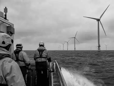 Schwarzweiße Dokumentarfotografie zeigt Wartungsteam am Windpark, passend zu Ørsted A/S, ISIN DK0060094928, im Offshore-Energiesektor tätig - Foto: THN