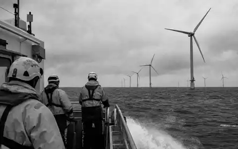 Schwarzweiße Dokumentarfotografie zeigt Wartungsteam am Windpark, passend zu Ørsted A/S, ISIN DK0060094928, im Offshore-Energiesektor tätig - Foto: THN