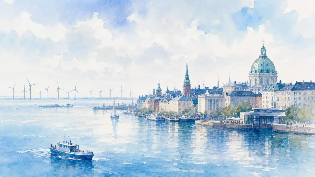 Aquarellbild von Kopenhagen mit Booten am Hafen und Windturbinen am Horizont