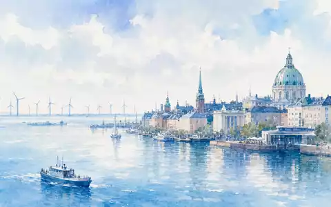 Aquarellmalerei der Kopenhagener Hafenkulisse mit Windturbinen im Hintergrund repräsentiert Ørsted A/S, ISIN DK0060094928, dänischen Energiekonzern - Foto: THN