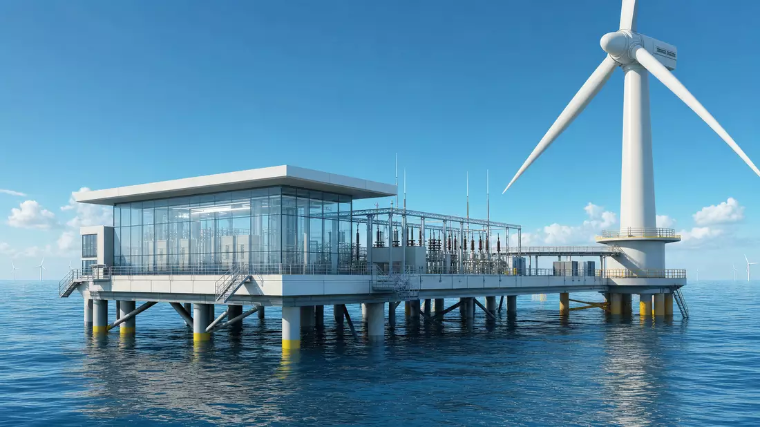 3D-Render einer Offshore-Umspannplattform neben großer Windturbine über blauem Meer