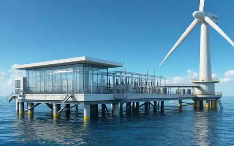 Modernes Architektur-Rendering einer Offshore-Umspannstation veranschaulicht technische Infrastruktur von Ørsted A/S, ISIN DK0060094928, im Windenergiegeschäft - Foto: THN