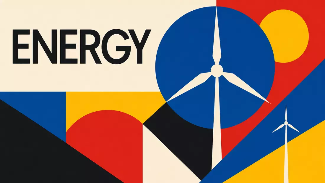 Bauhaus-Poster mit geometrischen Formen, Windturbine und großem Wort ENERGY