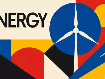 Geometrisches Bauhaus-Poster mit Windturbinen-Motiv und Sektor-Schriftzug ENERGY symbolisiert Ørsted A/S, ISIN DK0060094928, Erneuerbare-Energien-Unternehmen aus Dänemark - Foto: THN