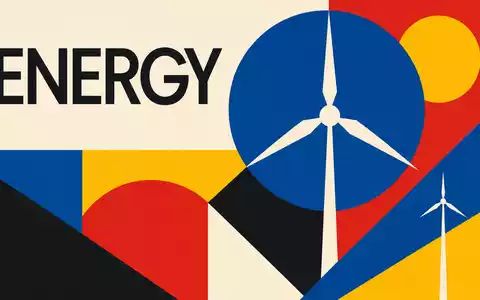 Geometrisches Bauhaus-Poster mit Windturbinen-Motiv und Sektor-Schriftzug ENERGY symbolisiert Ørsted A/S, ISIN DK0060094928, Erneuerbare-Energien-Unternehmen aus Dänemark - Foto: THN