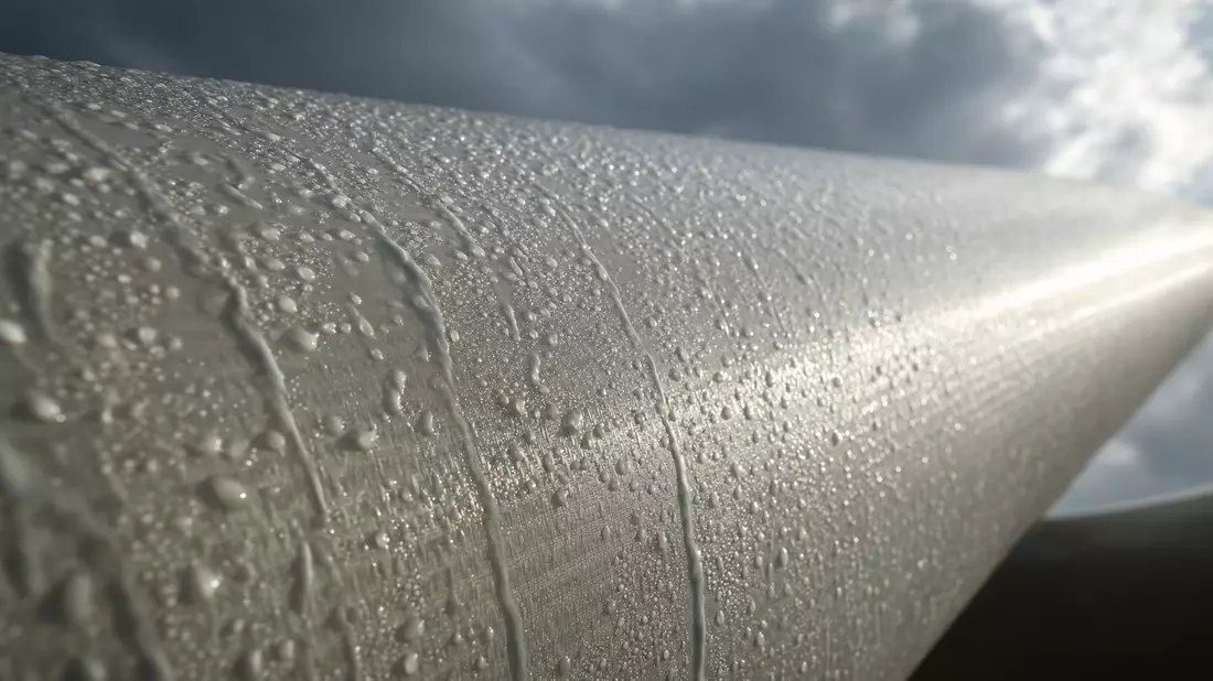 Extreme Nahaufnahme einer Windturbinenblatt-Oberfläche mit glänzenden Regentropfen
