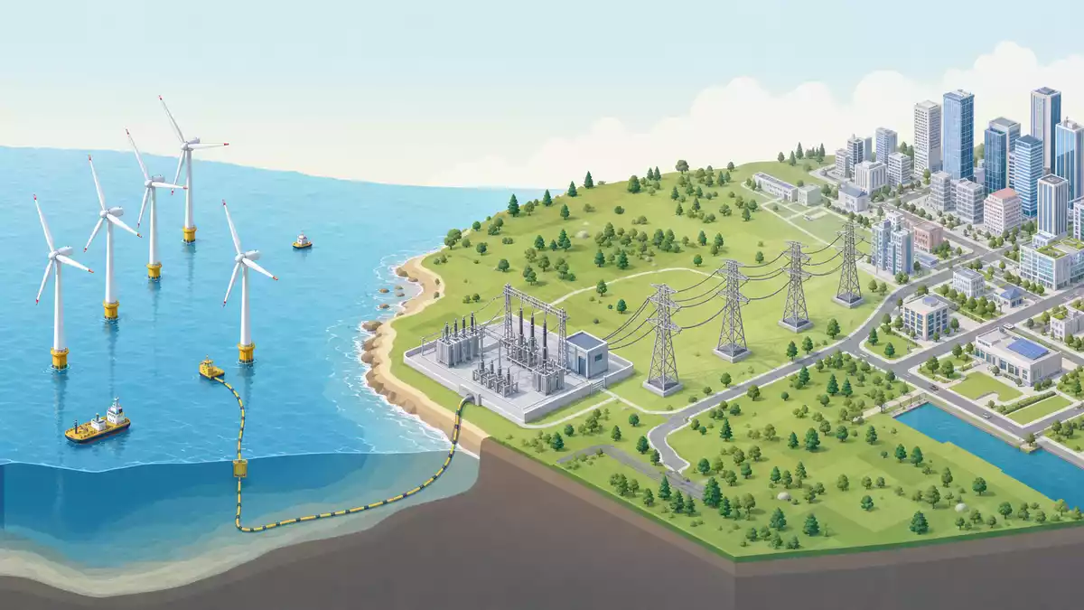 Isometrische Grafik zeigt Windpark, Seekabel, Umspannwerk und Stromnetz zur Stadt