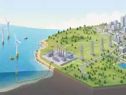 Isometrische 3D-Grafik der Energie-Wertschöpfungskette von Offshore-Wind bis Stadtnetz illustriert GeschĂ€ftsmodell von Ărsted A/S, ISIN DK0060094928 - Foto: THN