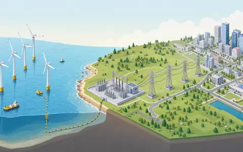 Isometrische 3D-Grafik der Energie-Wertschöpfungskette von Offshore-Wind bis Stadtnetz illustriert Geschäftsmodell von Ørsted A/S, ISIN DK0060094928 - Foto: THN