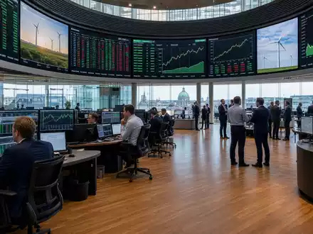 Börsen-Editorial vom Handelssaal Nasdaq Copenhagen mit Energiecharts symbolisiert die Notierung von Ørsted A/S, ISIN DK0060094928 - Foto: THN