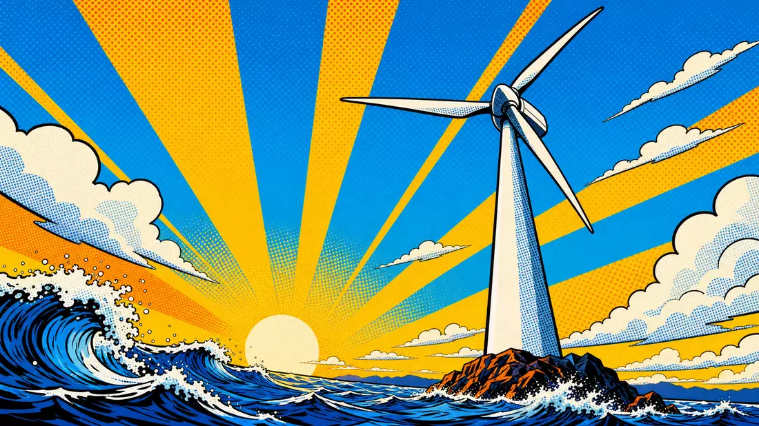 Pop-Art-Comic zeigt große Windturbine auf Felsen im Meer mit Sonnenstrahlen