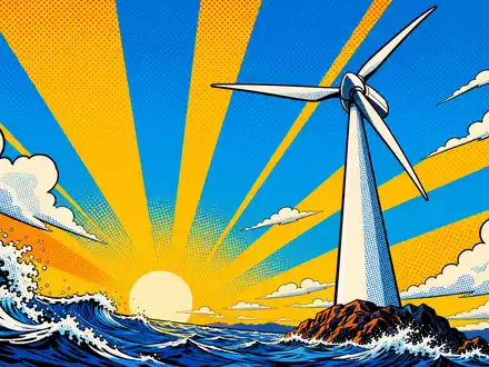 Farbenfrohe Pop-Art-Comic-Szene mit heroischer Windturbine am Meer visualisiert kreativ Ørsted A/S, ISIN DK0060094928 - Foto: THN