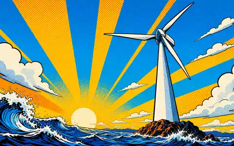Farbenfrohe Pop-Art-Comic-Szene mit heroischer Windturbine am Meer visualisiert kreativ Ørsted A/S, ISIN DK0060094928 - Foto: THN