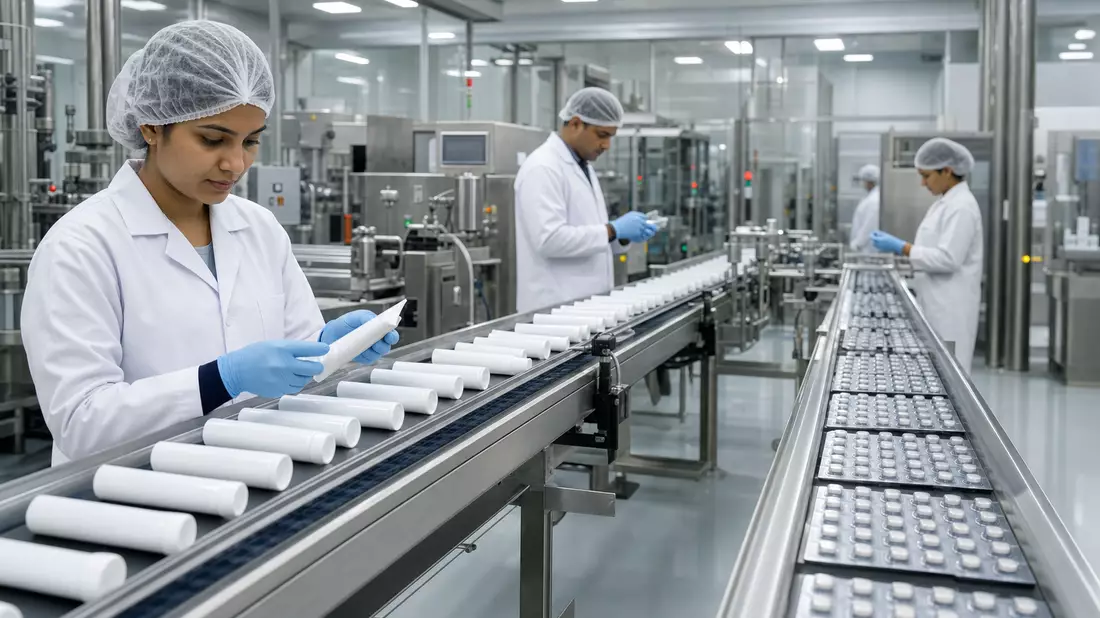 Arbeiter prüfen unbeschriftete Zahnpasta- und Tablettenpackungen an Produktionslinie