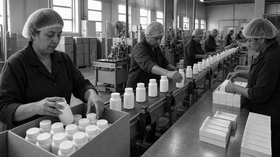 Schwarzweißfoto von Arbeitern beim Verpacken unmarkierter Vitaminflaschen in Fabrik
