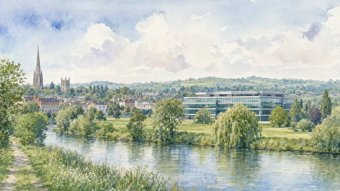 Aquarell einer Flusslandschaft mit modernem Bürogebäude nahe Weybridge, Surrey
