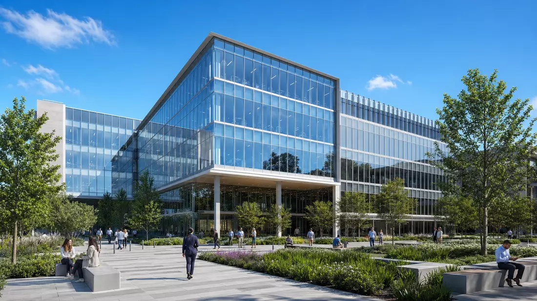 Architektur-Render eines Glasbürogebäudes mit begrüntem Vorplatz und Menschen