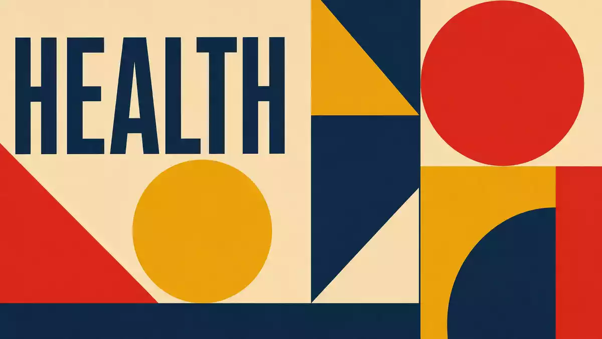 Bauhaus-Poster mit Kreisen, Dreiecken und dem Schriftzug HEALTH in kräftigen Farben