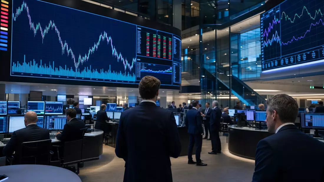 Editorial-Foto vom Handelsraum der Londoner Börse mit Bildschirmen und Aktienkurven