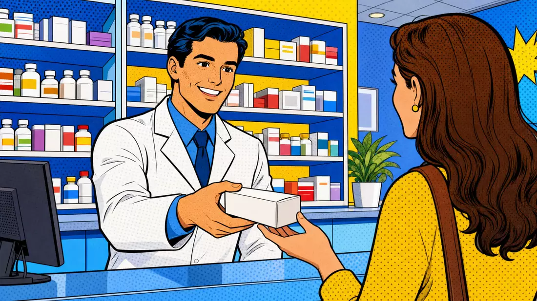 Pop-Art-Comic: Apotheker überreicht Kundin eine unbeschriftete Medikamentenschachtel