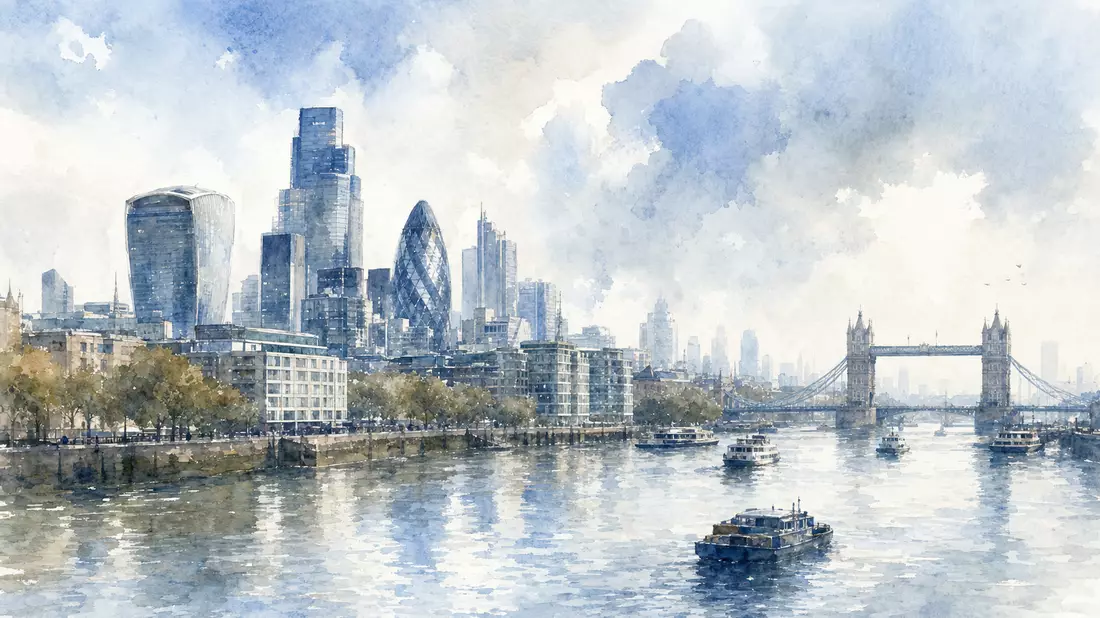 Aquarellmalerei der Londoner Skyline mit Themse und Tower Bridge im Hintergrund