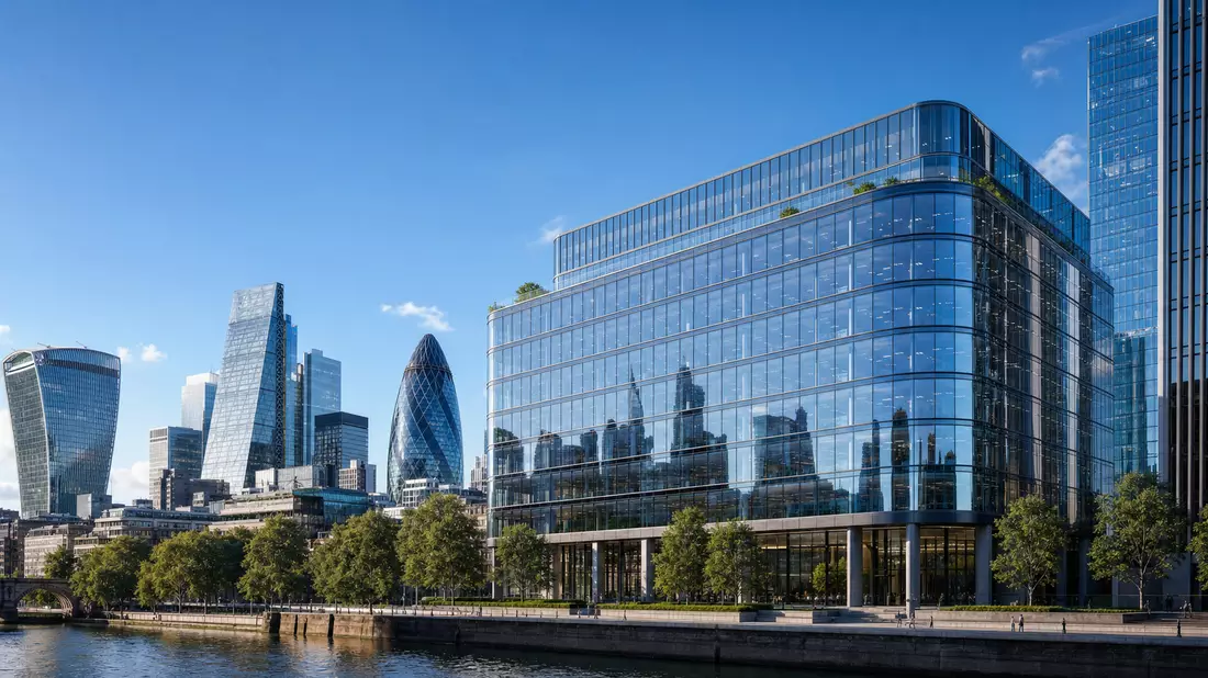 Architektur-Render eines gläsernen Bürohochhauses in der Londoner City-Skyline
