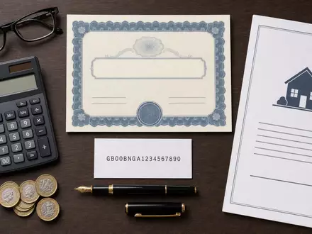 Lloyds Banking Group (GB0008706128) symbolisiert Bankgeschäft mit Aktienzertifikat, ISIN-Karte, Taschenrechner und Hypothekenunterlagen auf dem Schreibtisch - Foto: THN
