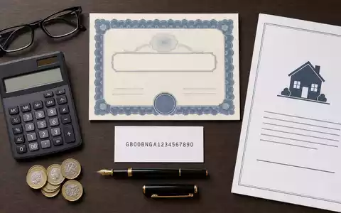 Lloyds Banking Group (GB0008706128) symbolisiert Bankgeschäft mit Aktienzertifikat, ISIN-Karte, Taschenrechner und Hypothekenunterlagen auf dem Schreibtisch - Foto: THN