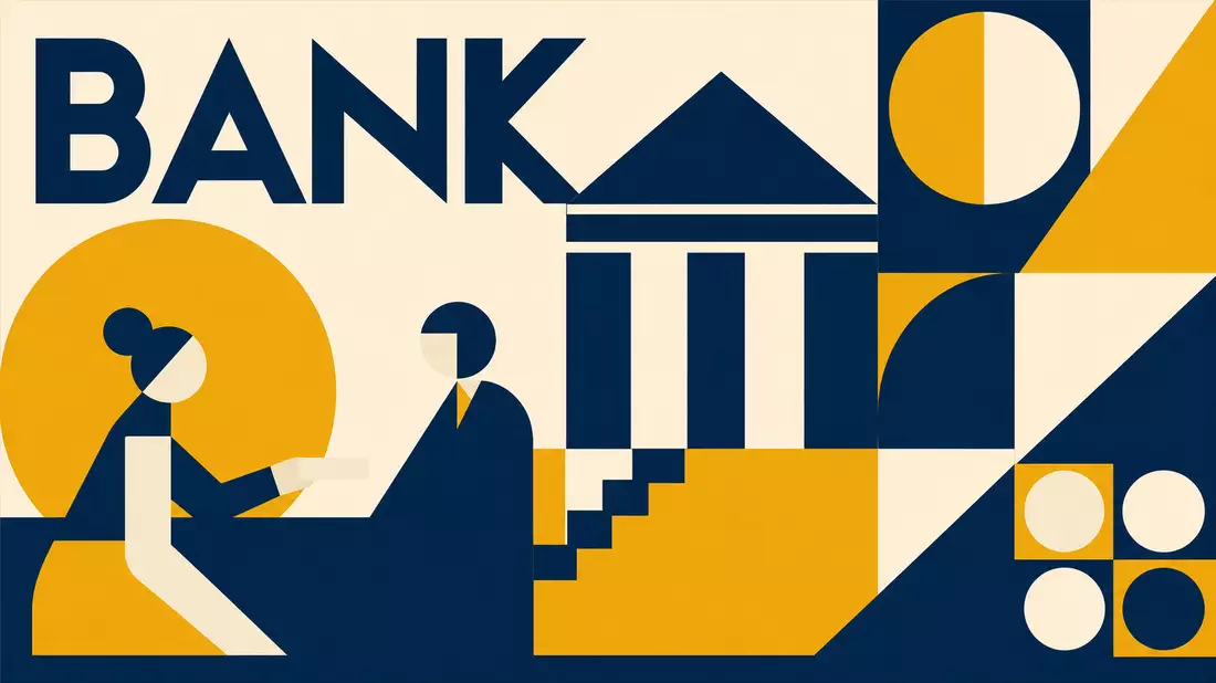 Geometrisches Bauhaus-Poster mit dem Schriftzug BANK und klassischem Säulenmotiv