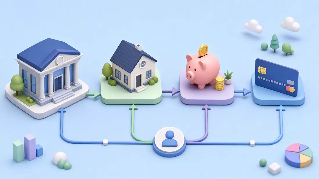 Isometrische 3D-Grafik zeigt Bankfiliale, Haus, Sparschwein und Kreditkarte im Ablauf