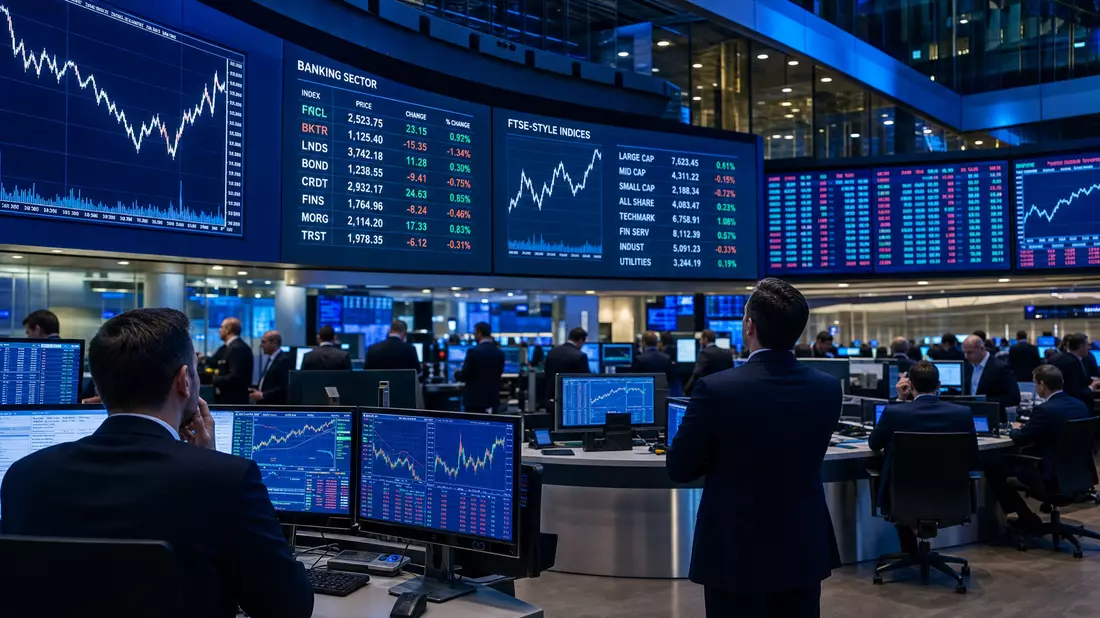 Trading-Floor mit großen Bildschirmen und Charts zum britischen Bankensektor
