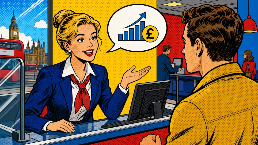 Pop-Art-Comic zeigt Bankangestellte im freundlichen Gespräch mit Kunde am Schalter