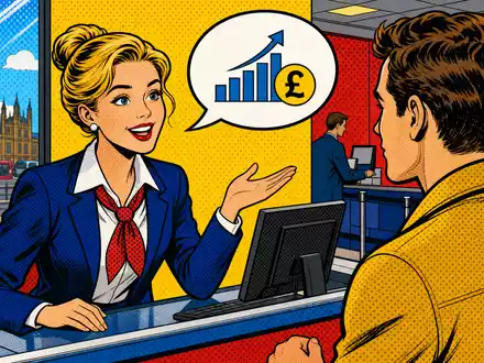 Lloyds Banking Group (GB0008706128) bedient Privatkunden am Schalter, humorvoll im Pop-Art-Comic-Stil illustriert - Foto: THN