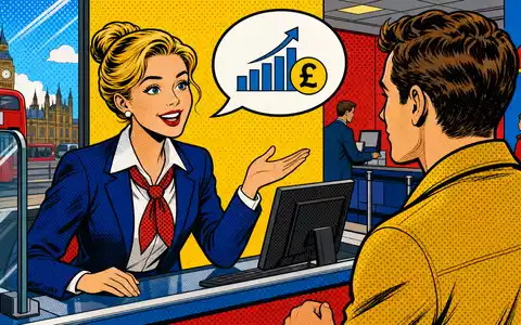 Lloyds Banking Group (GB0008706128) bedient Privatkunden am Schalter, humorvoll im Pop-Art-Comic-Stil illustriert - Foto: THN