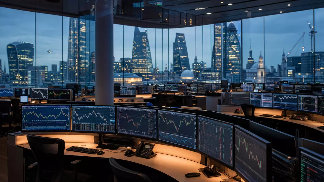 London Stock Exchange Group: Trading-Raum mit Marktdaten-Bildschirmen in London
