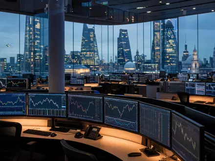 London Stock Exchange Group (GB00B0SWJX34) betreibt Handelsplattformen, hier symbolisiert durch einen modernen Finanzdistrikt-Trading-Raum mit Marktdaten - Foto: THN