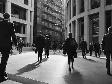 Schwarzweiß-Reportage zeigt Finanzprofis im Londoner Geschäftsviertel, passend zu London Stock Exchange Group, ISIN GB00B0SWJX34 - Foto: THN