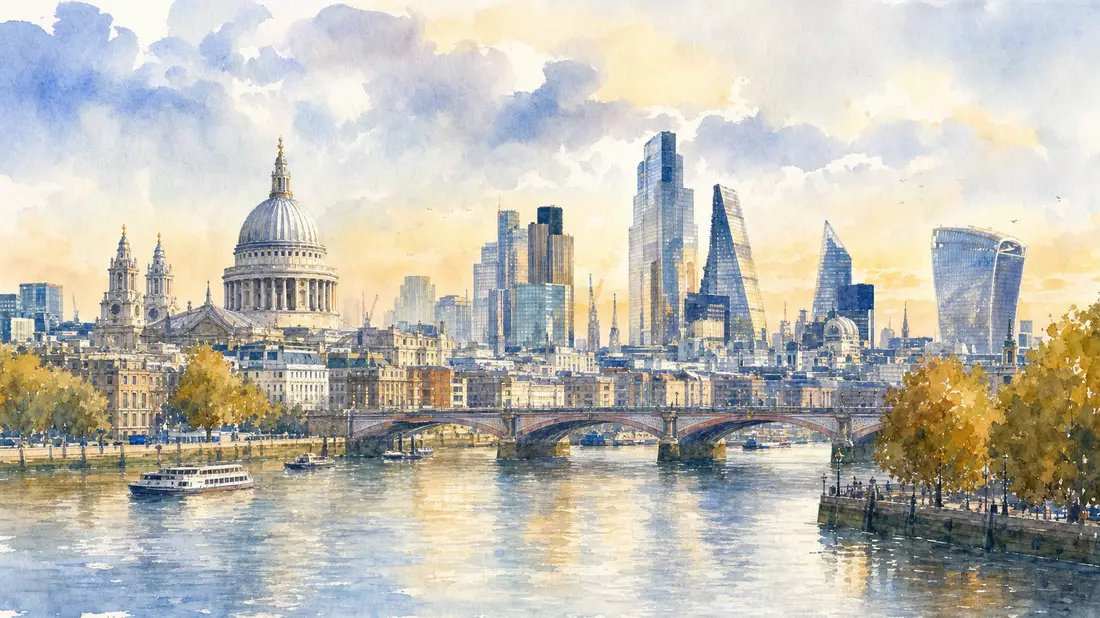 Aquarell der Londoner Skyline und Themse als Finanzstandort-Motiv