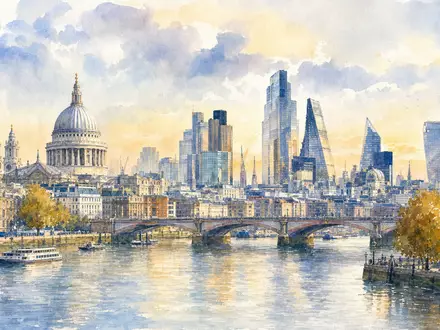 Aquarell der Londoner Skyline an der Themse symbolisiert London Stock Exchange Group, ISIN GB00B0SWJX34 - Foto: THN
