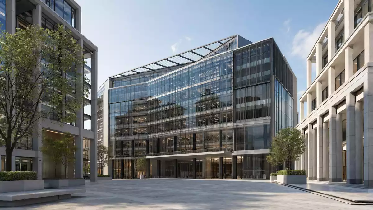 3D-Architektur-Render eines gläsernen Bürogebäudes im Finanzdistrikt London