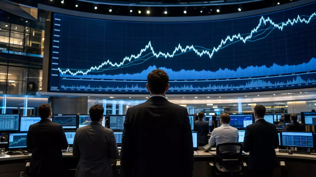 Editorial-Foto: Trading-Floor mit großer Kurschart-Anzeigetafel