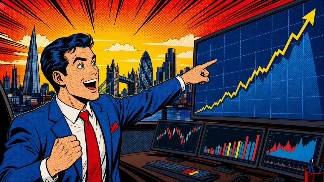 Pop-Art-Comic: jubelnder Börsenhändler vor Londoner Skyline und Kurschart