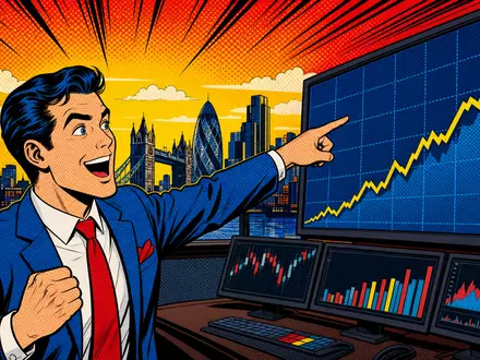 Pop-Art-Comic mit jubelndem Börsenhändler vor Londoner Skyline versinnbildlicht London Stock Exchange Group, ISIN GB00B0SWJX34 - Foto: THN